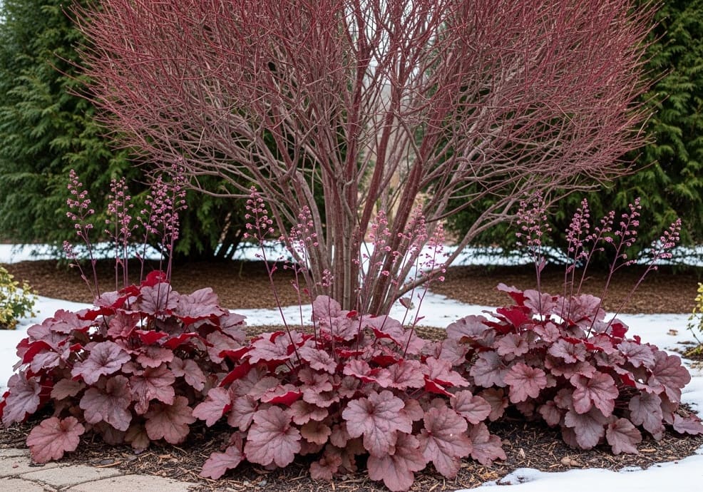 dogwood with the burgundy foliage of a heuchera