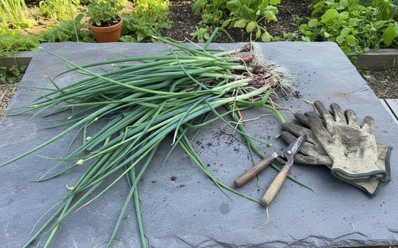 Harvesting onion flower stalk