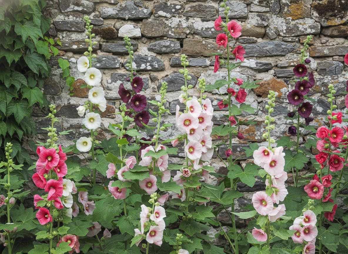 Hollyhocks against walls for support