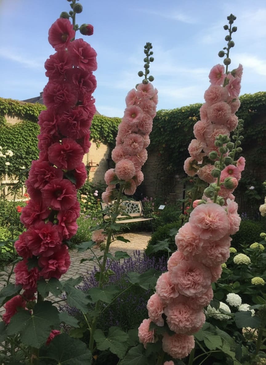 Soft pink and red Hollyhocks