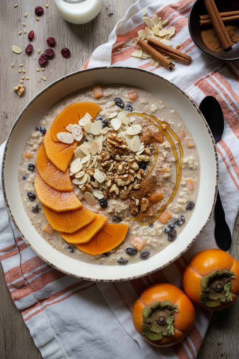 persimmons fold into hot oatmeal with cinnamon and maple syrup