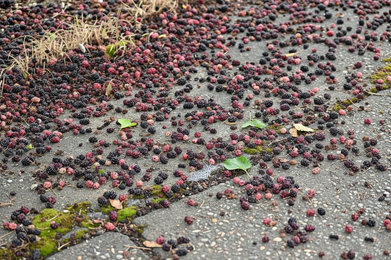 Mulberries on the ground