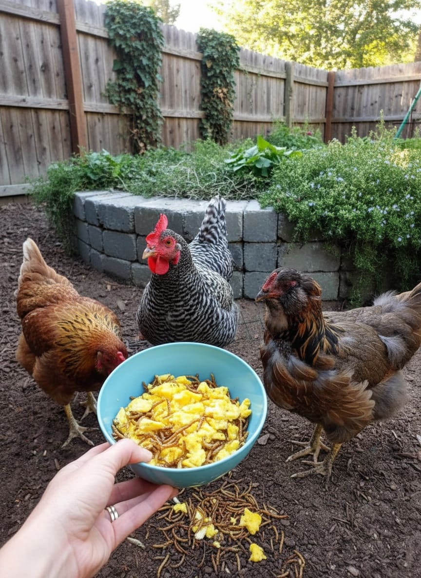 Our hens absolutely love scrambled eggs and mealworms