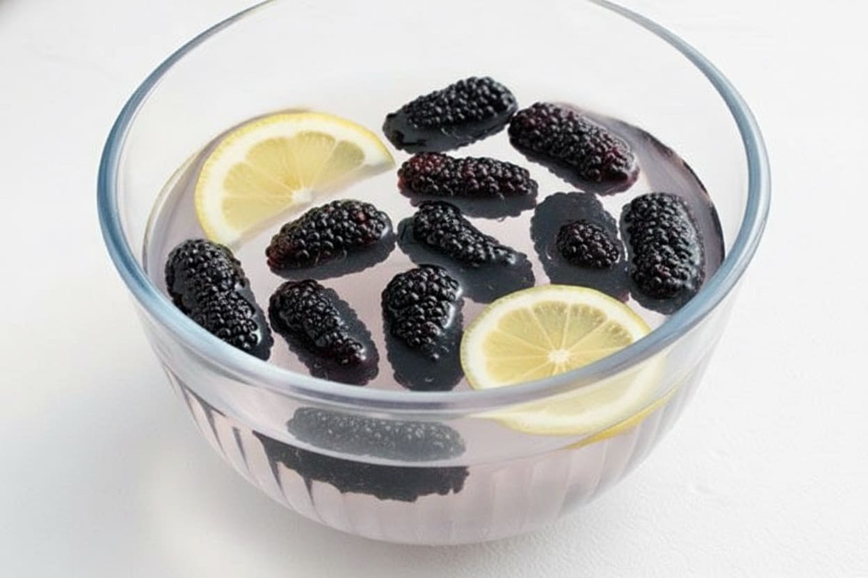 Soaking mulberries briefly in lemon water