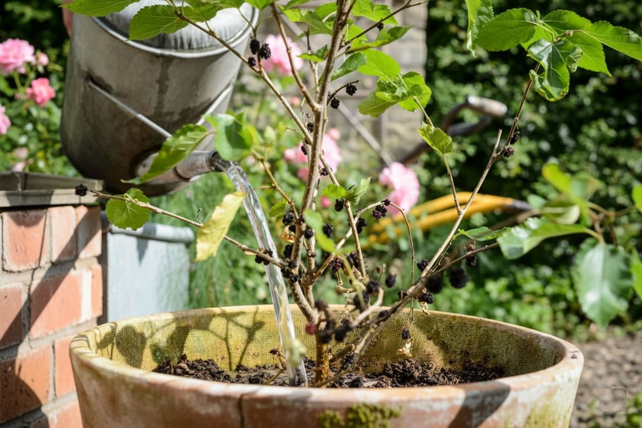 Watering mulberry tree in pot