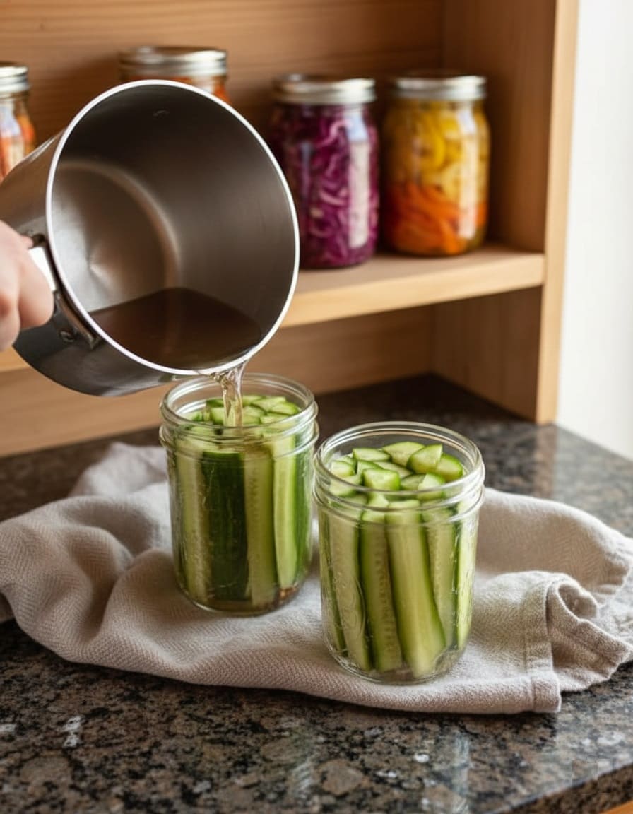 Pour brine over cucumbers