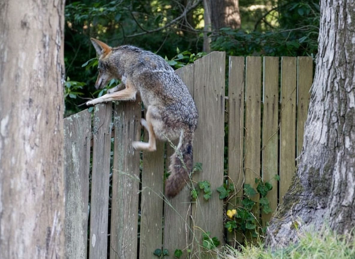 Coyotes jumping over inadequate fencing