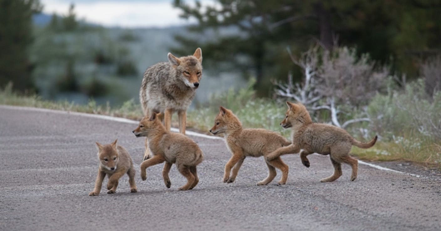 female coyote with pups