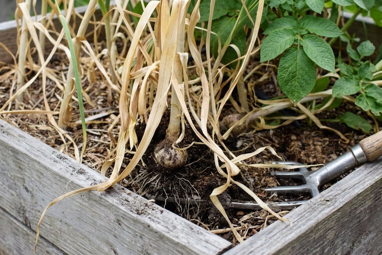 using a garden fork to dig garlic