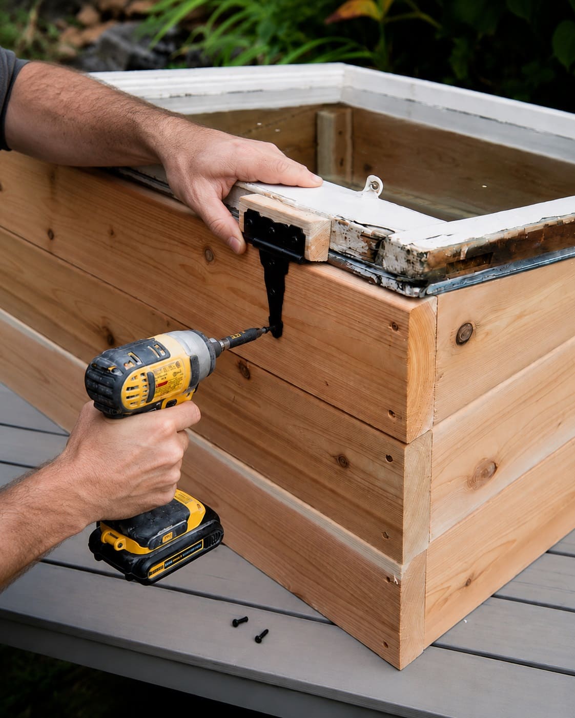 Attach the hinges on the Cold Frame