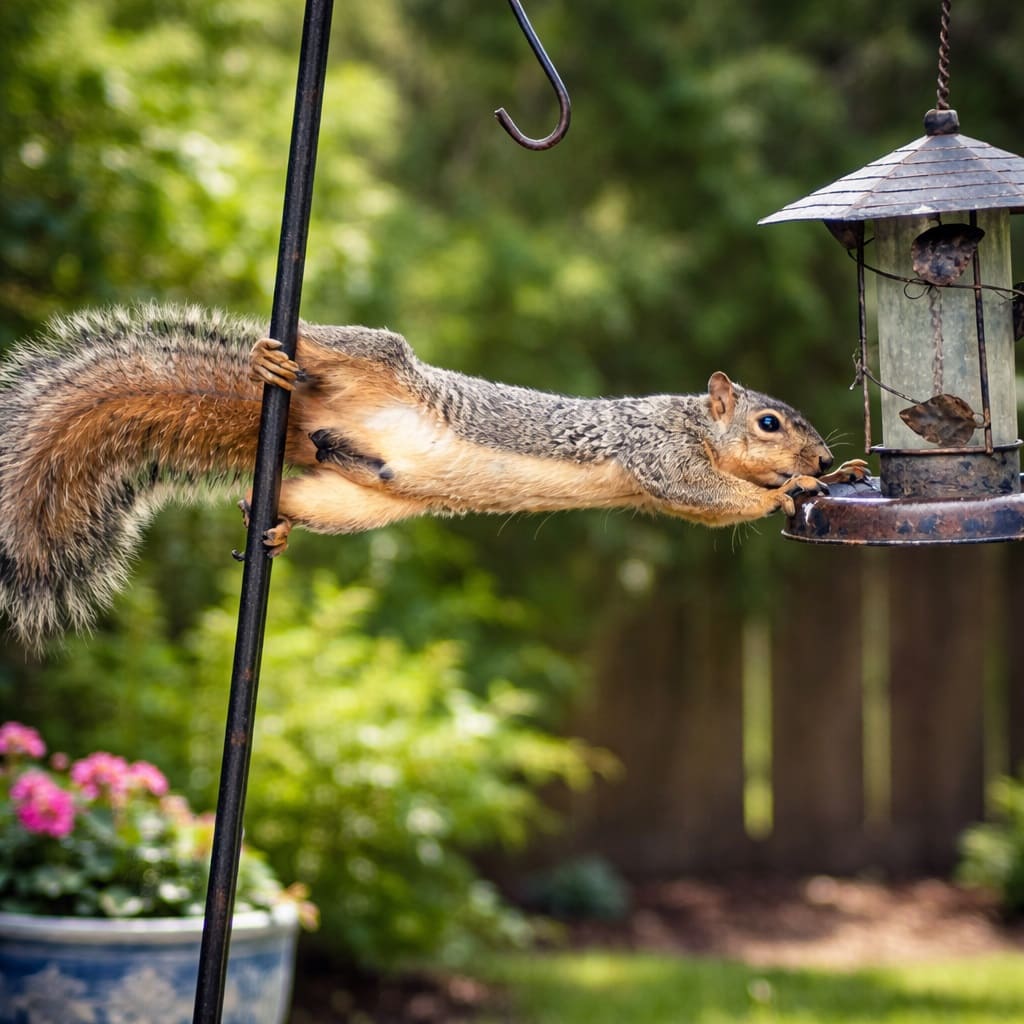 a squirrel reaching for bird feeder