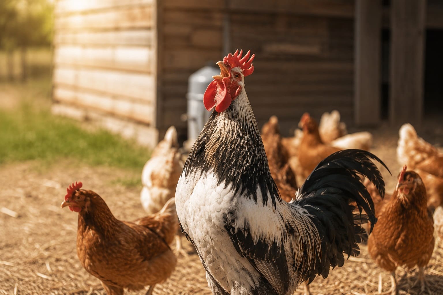 A rooster crows among the hens