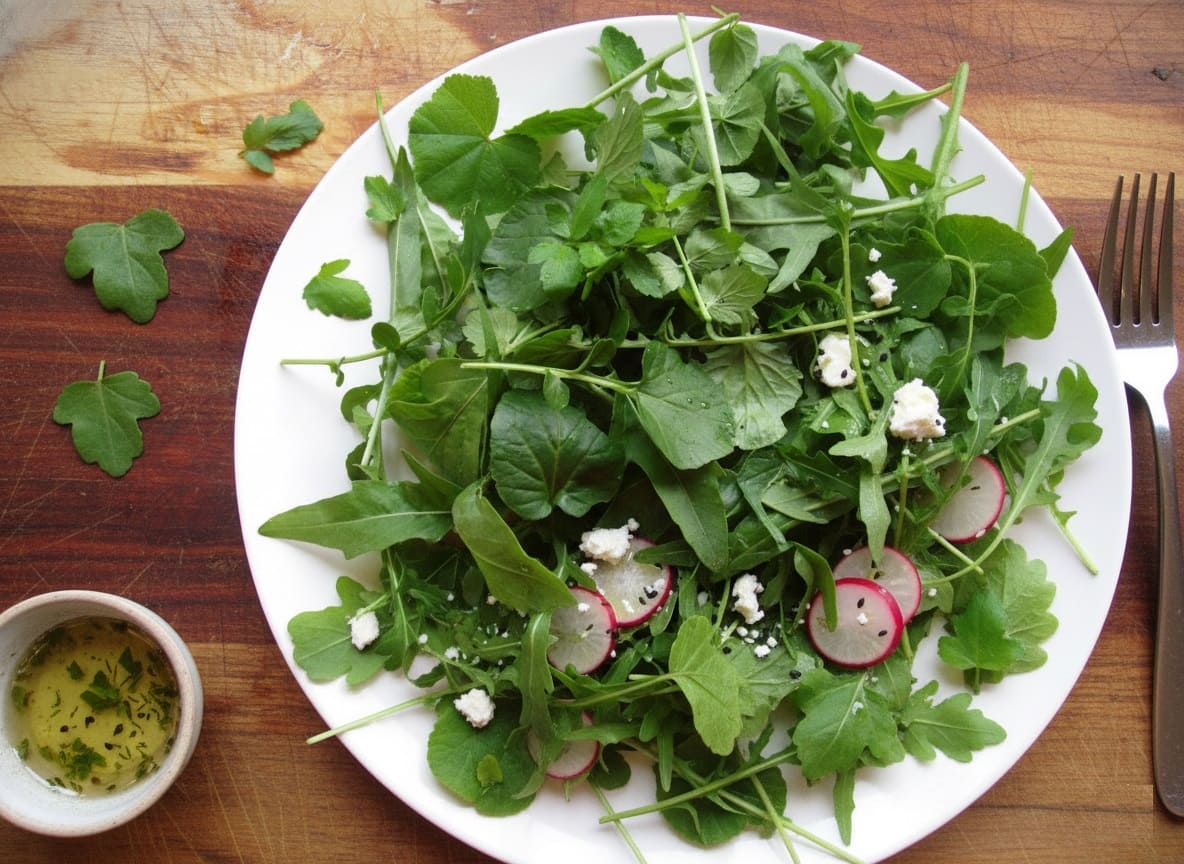 young Common Mallow leaves in mixed salads