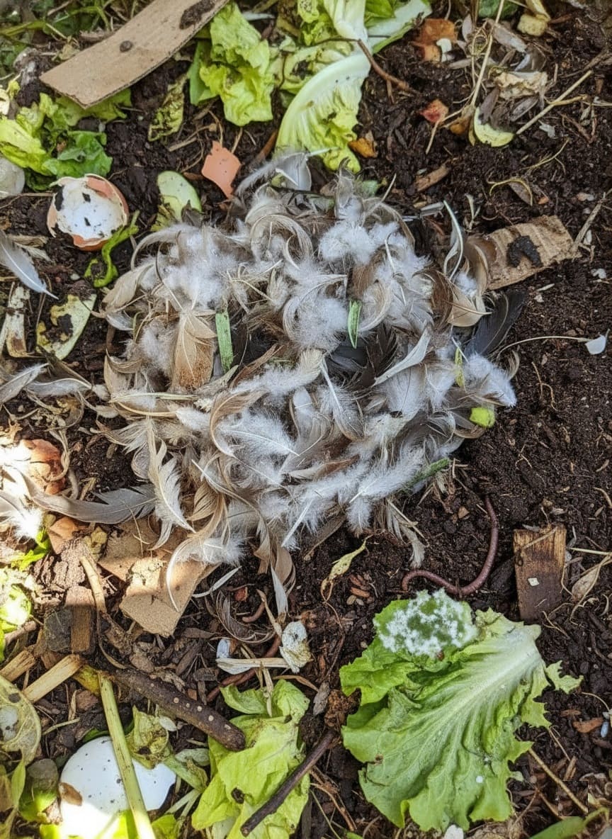 Chicken Shed Feathers in composting