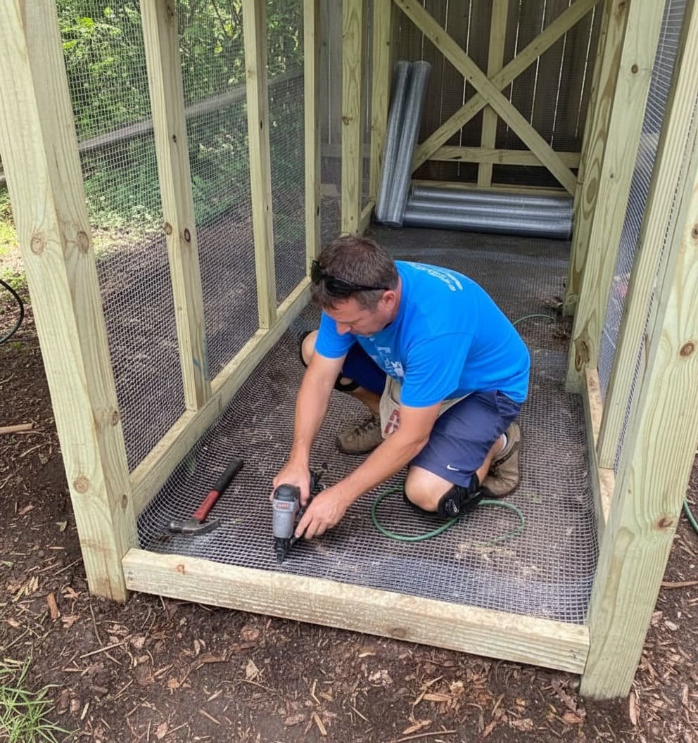 hardware cloth-covered duck coop wall