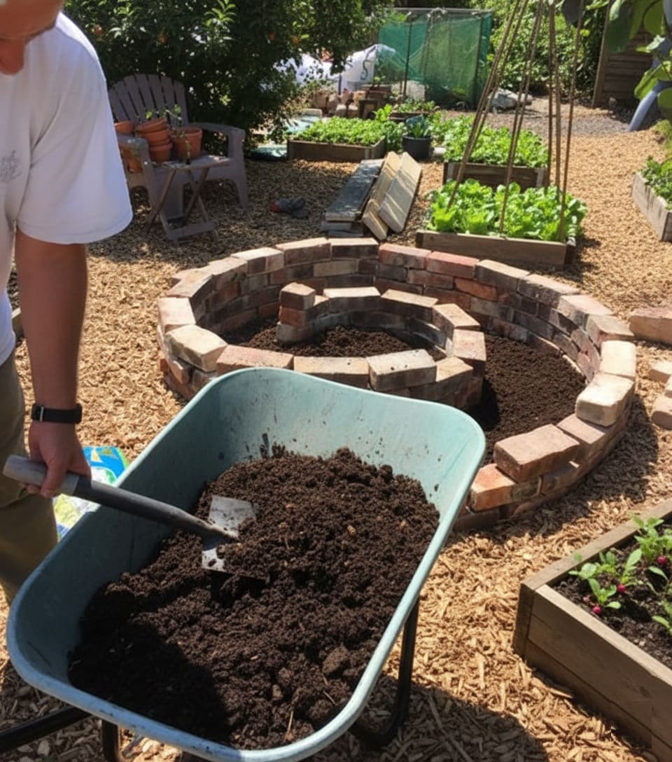 Adding soil to Herb Spiral
