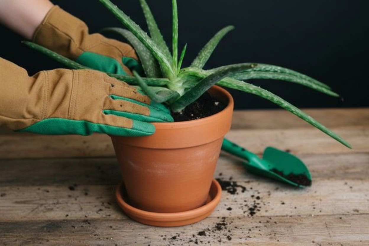 Giving the aloe vera pot a gentle tap on the surface