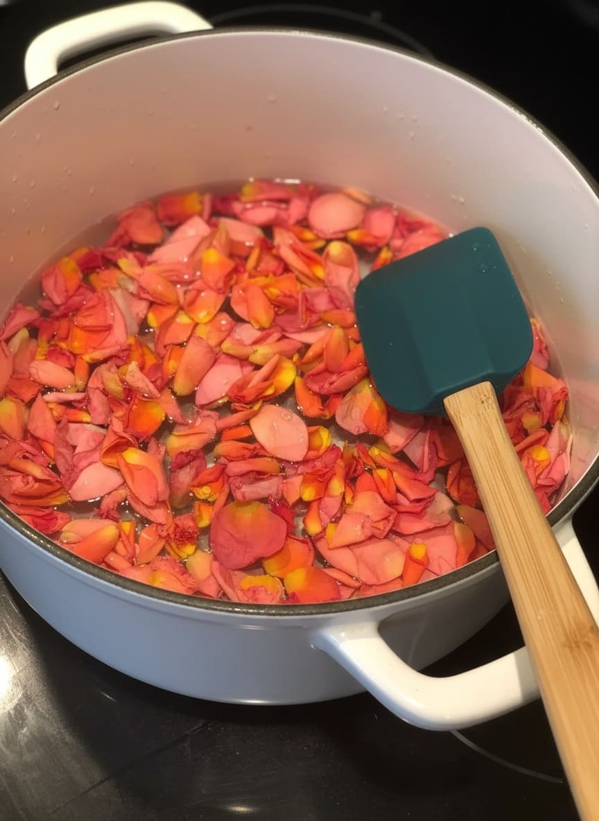 Place rose petals in saucepan and pour distilled water