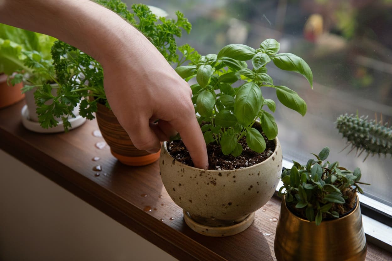 Sticking finger into the soil