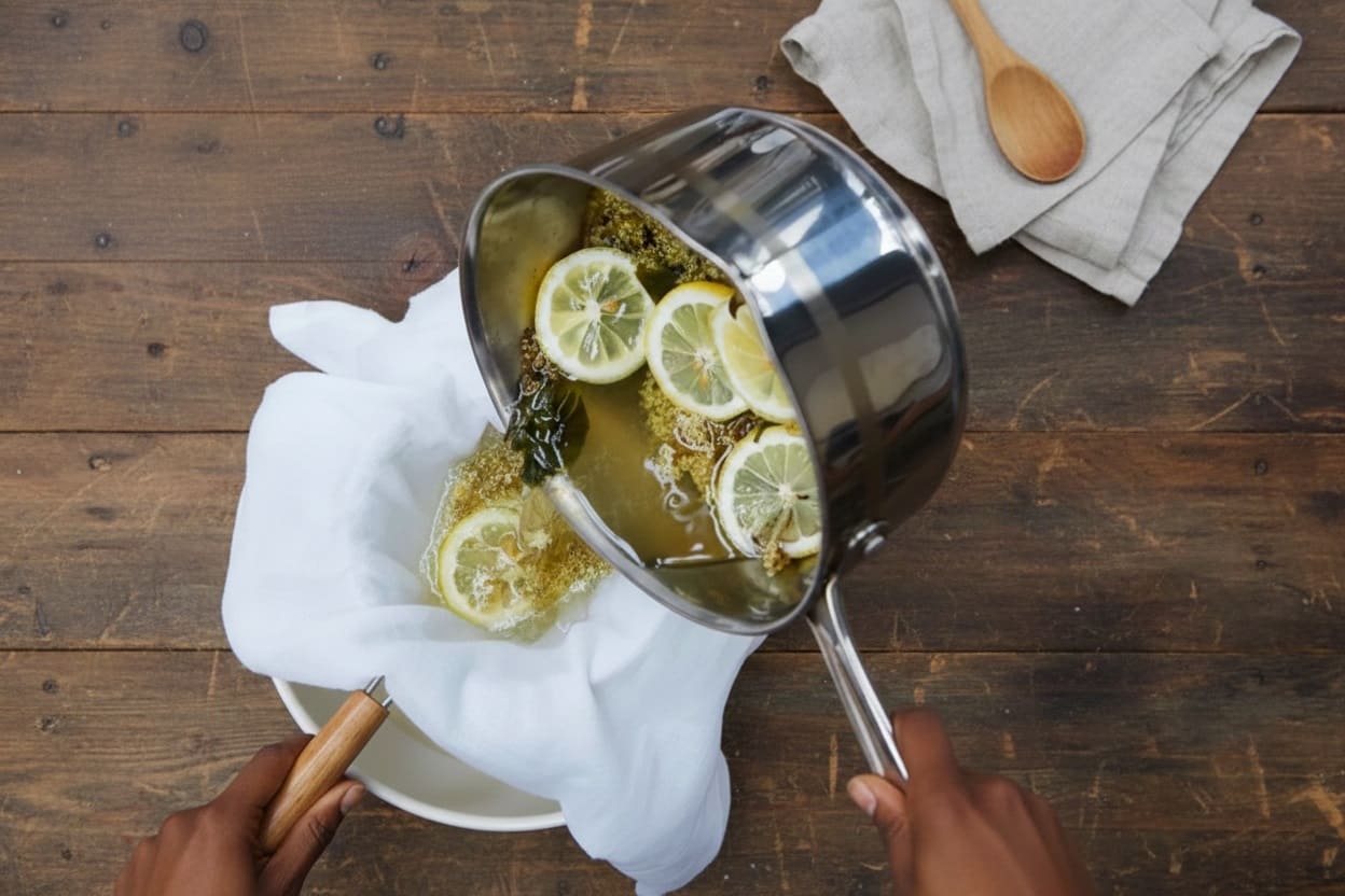 Straining elderflower cordial