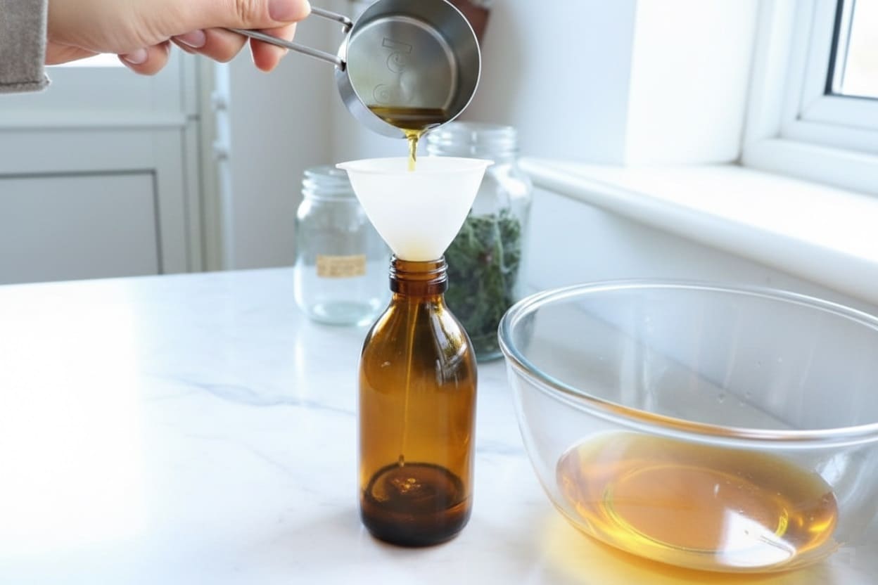 Transfering Comfrey oil to a dark glass bottle