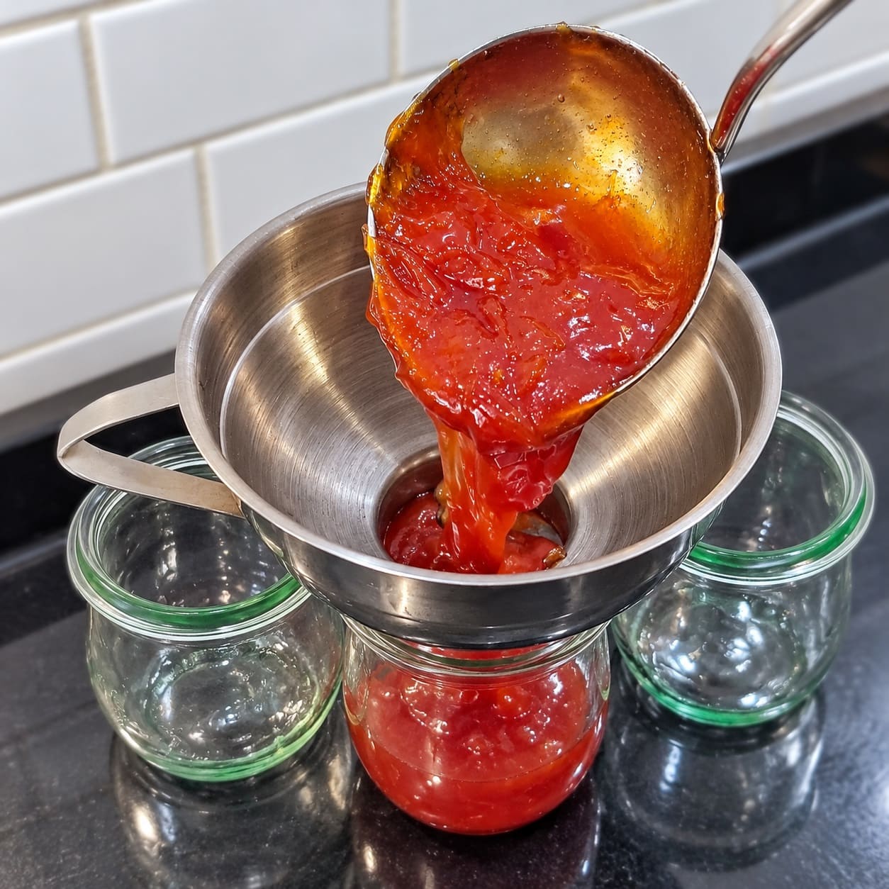 pour the apricot jam into a jar